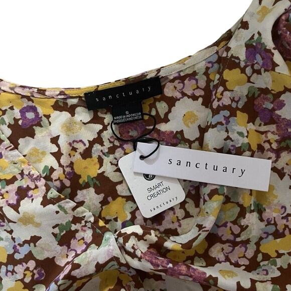 SANCTUARY FAUX WRAP SURPLICE BLOUSE FLORAL SMALL RUFFLED‎ SLEEVES V-NECK NWT - Picture 4 of 7